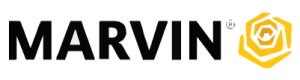 Bold black text spelling "Marvin" with a stylized yellow geometric rose icon on the right, representing a clean and modern logo design.