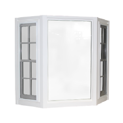 Three-panel bay window with white frames and multiple vertical and horizontal muntins, designed to extend outward from a wall.