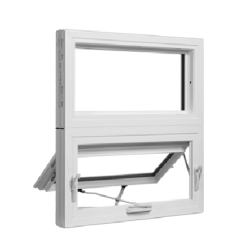 White casement window with hinged bottom panel that swings outward, featuring a clean modern frame ideal for home improvement projects.