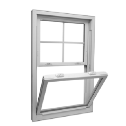 White double-hung window with a divided grid design, showing both the fixed upper sash and the partially opened lower sash, suitable for home improvement projects.