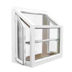 White-framed garden window with hinged side panels and slanted top glass, featuring an interior glass shelf for plants or decor, ideal for home improvement.