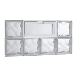Clear glass block window panel composed of seven textured glass blocks in two rows with a central rectangular vent for ventilation, suited for home improvement.