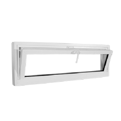 White hopper window with a top-hinged sash that opens outward, featuring a clean frame design suitable for home improvement projects.
