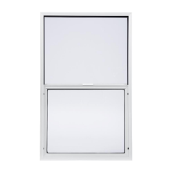White single-hung window with a simple frame design featuring a fixed upper sash and a lower sash that can slide upward, ideal for home improvement.