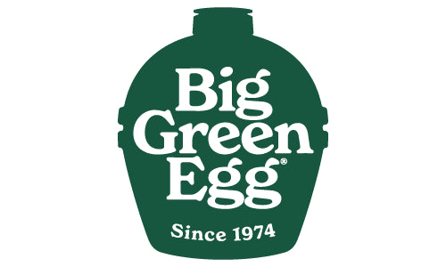 Dark green stylized ceramic grill shape with the words Big Green Egg and Since 1974 written in white centered on it