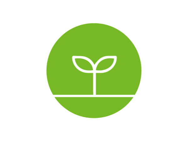 Simple white line icon of a young plant with two leaves growing from a horizontal line inside a solid green circular background.
