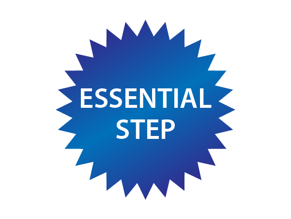 Blue badge icon with the words "Essential Step" in white capital letters on a radial gradient background.