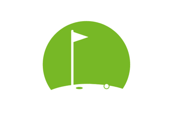 Minimalist green circle icon showing a golf flagstick next to a hole with a golf ball positioned nearby on a curved green surface.