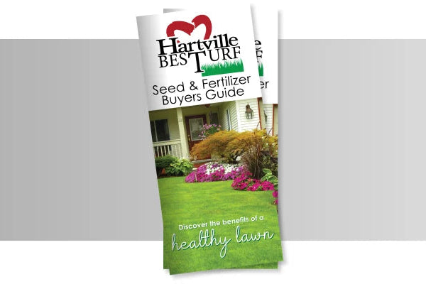 Tri-fold brochure with the Hartville Turf logo featuring a front porch and colorful garden bed promoting a healthy lawn guide.
