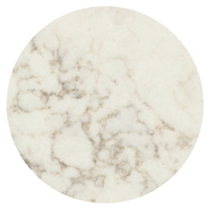 Close-up view of a round surface with white and light beige marble patterns featuring soft, natural veining and a smooth texture.