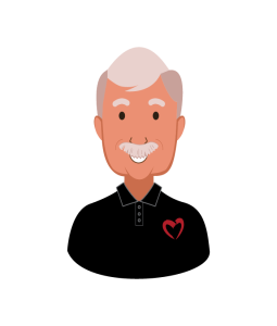 Illustration of a smiling older man with light gray hair and mustache wearing a black collared shirt featuring a red heart logo on the chest.