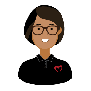 Illustration of a smiling woman with short dark hair and glasses wearing a black collared shirt featuring a small red heart emblem on the chest