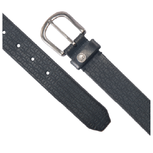 Two black textured belts with metallic silver prong buckles, shown closely to highlight the grain pattern and hole details.