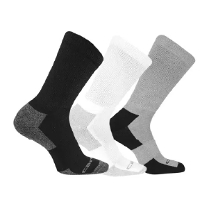 Three crew-length socks in black, white, and gray, each featuring reinforced heel and toe areas with contrasting darker accents.