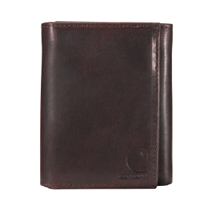 Folded dark brown leather wallet with subtle stitching and a small embossed logo in the lower corner on a white background.