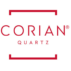 Simple clean logo design featuring the word Corian in bold red uppercase letters framed by two red corner brackets above and below, with the word Quartz centered beneath.