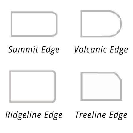 Four gray line drawings illustrate different countertop edge profiles labeled Summit Edge, Volcanic Edge, Ridgeline Edge, and Treeline Edge, each with distinct shapes.