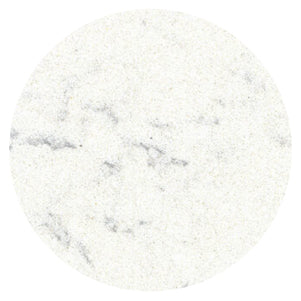 Round close-up of a light white stone surface with faint gray marble-like veining and a smooth, polished appearance.