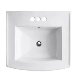 White rectangular bathroom sink with three pre-drilled faucet holes and a centered drain opening, shown on a white background