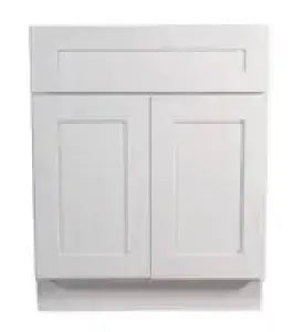 White wooden cabinet doors featuring recessed panels and simple trim, suitable for kitchen or bathroom home improvement projects.
