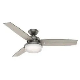 Ceiling fan with three brushed metal blades and integrated round light fixture, suitable for home improvement and interior cooling.