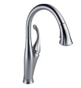 Single-handle kitchen faucet with a curved high-arc spout and brushed metal finish suitable for home improvement projects.
