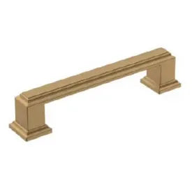 Brushed brass cabinet pull with a rectangular bar and detailed square bases, suitable for home improvement and kitchen hardware upgrades