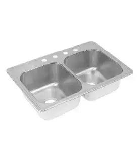 Stainless steel double-basin kitchen sink with pre-drilled holes for faucet installation, designed for home improvement projects.