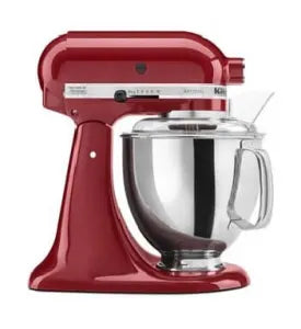 Red stand mixer with a polished stainless steel mixing bowl and a clear splash guard, designed for kitchen use and home improvement projects.