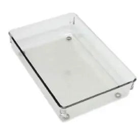 Clear rectangular plastic storage container with raised edges and small feet, designed for organizing tools or household items.