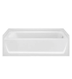 Rectangular white acrylic bathtub with clean lines and integrated apron front suitable for a modern bathroom setting.