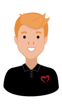 Illustration of a smiling young man with light brown hair wearing a black collared shirt featuring a red heart logo on the chest.