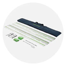 Set of guide rails and accessories laid out next to a black carrying bag, designed for precision cutting and woodworking tasks.