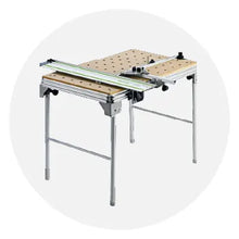 Adjustable multifunctional workbench with perforated wooden surface and metal frame, designed for versatile tasks in home improvement projects.