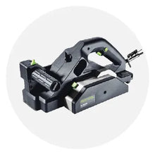 Black and green handheld electric planer with ergonomic handles and adjustable depth settings designed for woodworking and home improvement tasks.