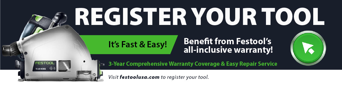 Banner displaying a compact track saw alongside text encouraging fast and easy tool registration to access extended warranty and repair services.