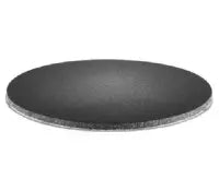 Thin black circular abrasive sanding disc with a smooth surface designed for use in home improvement and tool applications.