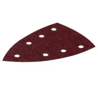 Dark red triangular abrasive sanding pad with several circular ventilation holes arranged to support dust removal in home improvement projects.