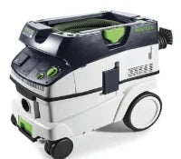 Compact dust extractor with white and black casing, green accents, large wheels, and hose connection, designed for clean workspaces in home improvement tasks.