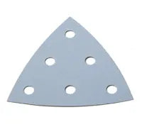 Triangular light gray sanding pad with seven circular ventilation holes arranged for dust extraction during home improvement tasks.