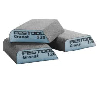 Three gray rectangular sanding sponges with angled ends, each labeled with brand name and grit number, arranged on a white background.