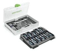 Open storage case displaying organized hand tools including wrenches and screwdrivers with ergonomic handles, suited for home improvement tasks.