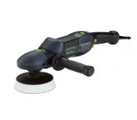 Electric polisher with black and green casing, ergonomic handle, and extended side grip designed for smoothing surfaces in home improvement tasks.