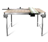 Portable worktable with adjustable legs, wooden slatted surface, and a mounted guide rail, designed for supporting cutting and assembly tasks.