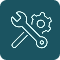 Blue circular icon featuring a crossed wrench and gear symbol, representing tools and hardware for home improvement.