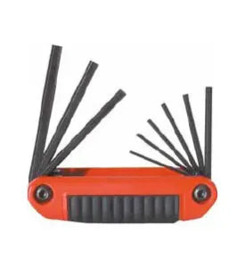 Set of black hex keys fanned out from a red and black folding handle, designed for home improvement and repair tasks.