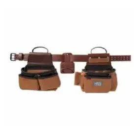 Leather tool belt with multiple pouches and compartments designed for organizing hand tools during home improvement tasks.
