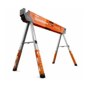 Adjustable metal sawhorse with orange and silver legs and a horizontal support beam designed for woodworking and home improvement tasks.