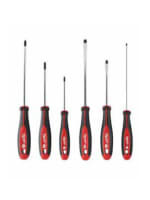 Set of six precision screwdrivers with black and red handles arranged in a row, suitable for detailed home improvement and repair tasks.