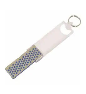 Small handheld sharpening tool featuring a metal surface with multiple abrasive dots and a white plastic handle with a keyring attachment for easy carrying.